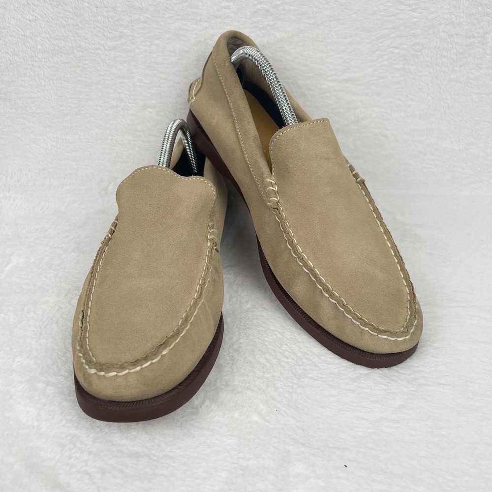 Lands End Shoes Mens 10 1/2 Beige Suede Slip On Loafer Moccasin Comfort Casual